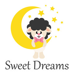 cartoon cute sheep black with tie and moon and text
