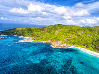 Seychelles seascape as seen from the drone, La Digue Island