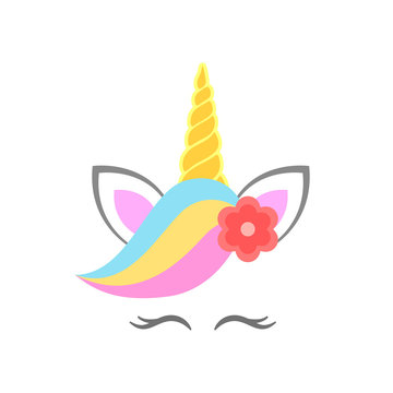 Cute unicorn face with flower. Unicorn head. Vector