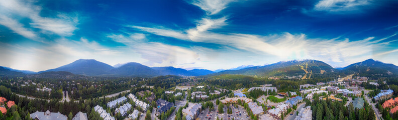 Aerial view of Whistler cityscape at sunset, Canada