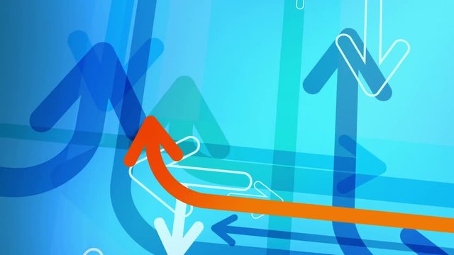 Abstract arrows background. Loop section from 6:00 to 41:00 so you can extend the animation for as long as you like. One orange arrow represents an individual path amongst other blue and white arrows.