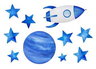 Collection of beautiful cosmic elements. Star shapes, planet illustration, rocket space ship. Stickers, print, children room decor. Hand drawn water color on white, cut out clip art.