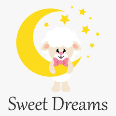 cartoon cute sheep black with tie and moon and text