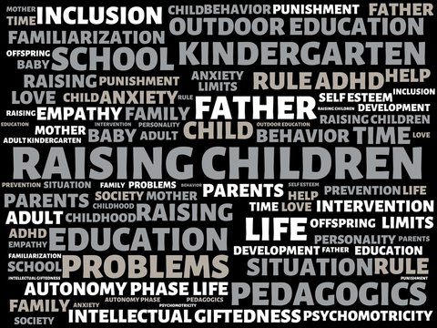 RAISING CHILDREN - image with words associated with the topic RAISING CHILDREN, word, image, illustration