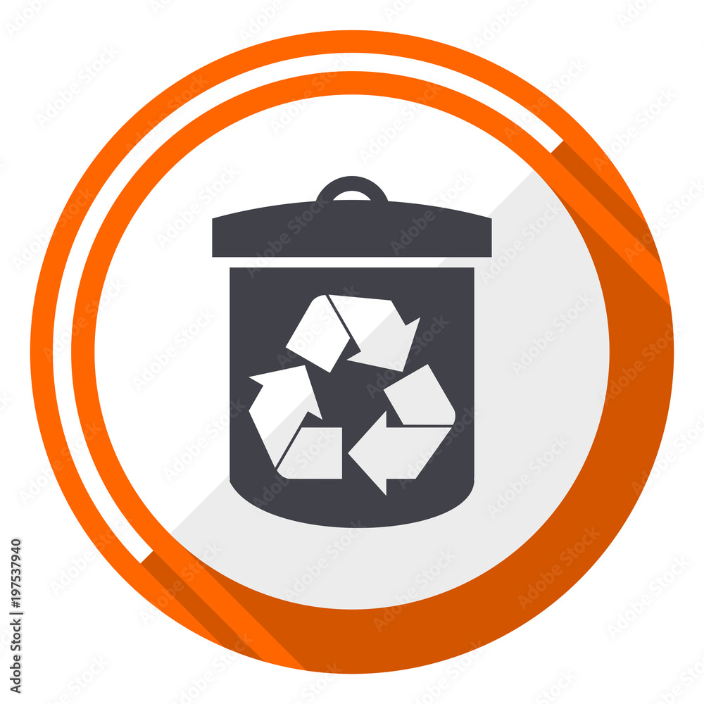 Poster recycle flat design vector web icon. round orange internet button isolated on white background.