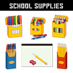 School Supplies for back to school, elementary, middle school, kindergarten, daycare, preschool: marker pens, wax crayons, colored pencils, ball point pens, lined penmanship writing paper, sharpener 