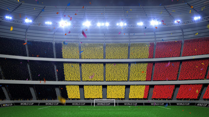 Fototapeta na wymiar Belgium national football team flags on fans baners at stadium