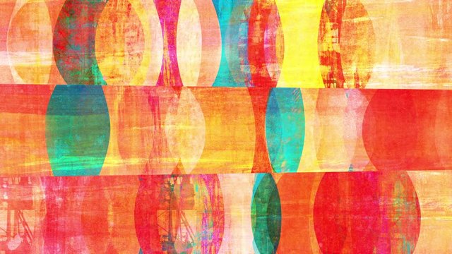 Retro mid-century-style abstract pop art background loop. Moving colorful shapes with grunge effects. Layered collage mixing textures from painting and photography.
