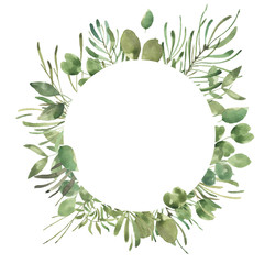 Leafy Leaf. Green watercolor flowers and florals geometric frame #1 - obrazy, fototapety, plakaty