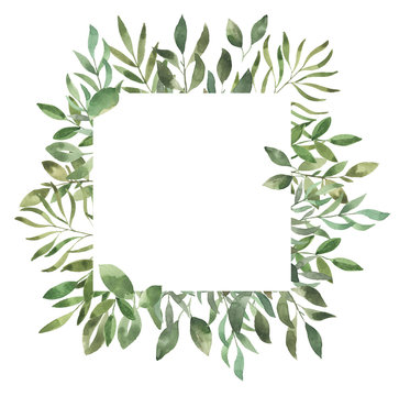 Leafy Leaf. Green watercolor flowers and florals geometric frame #2