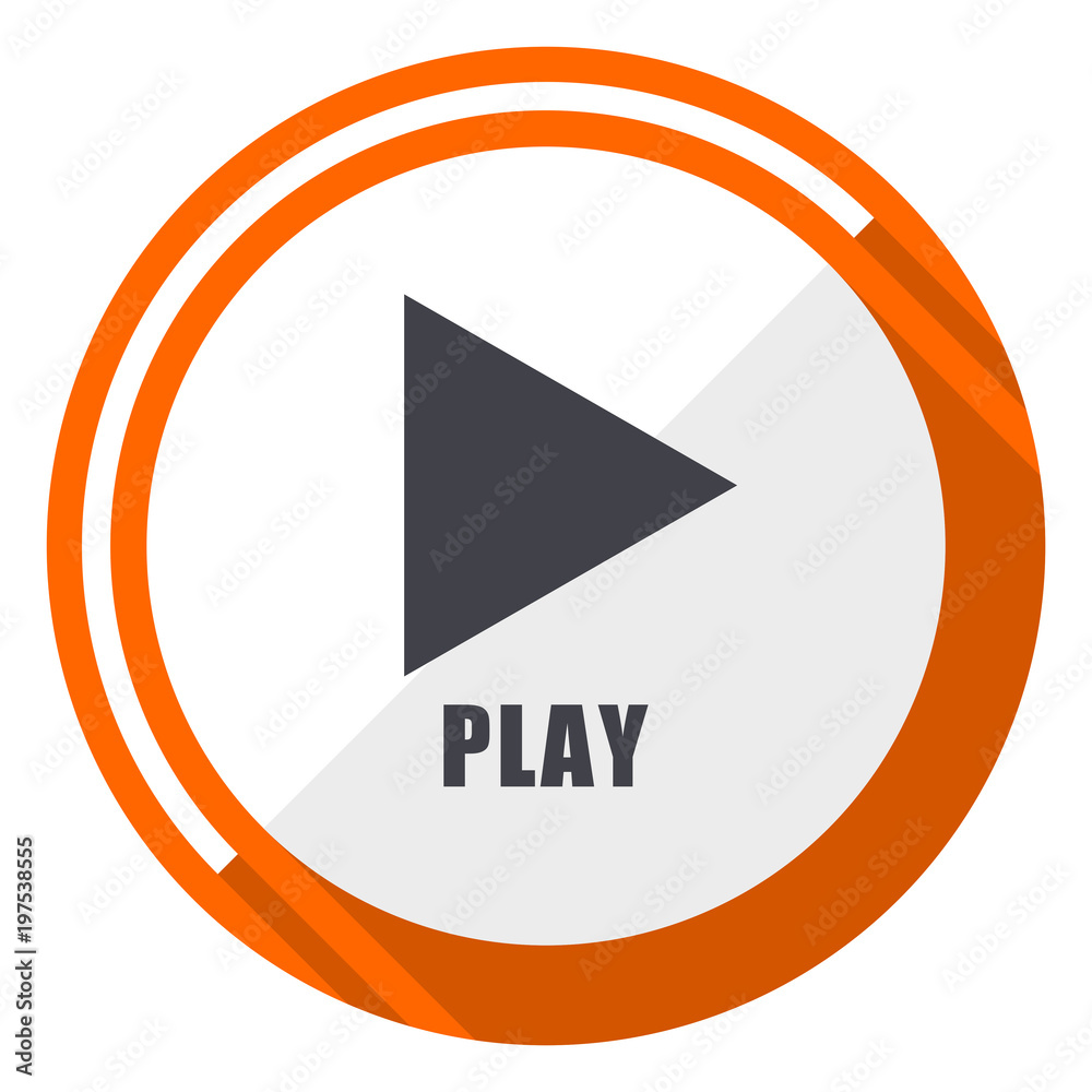 Poster Play video flat design vector web icon. Round orange internet button isolated on white background.
