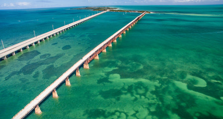 Aerial view of Broken Bridge and Overseas Highway in Bahia Honda state park, Florida