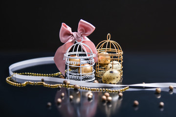 Happy easter, quail eggs, rose bow, gold, jewellery