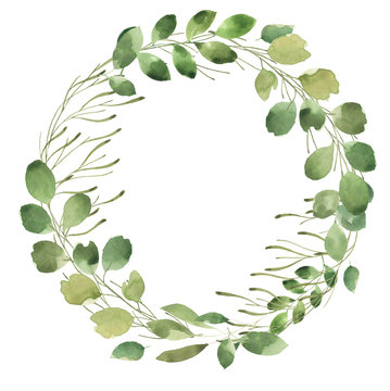 Leafy Leaf. Green Watercolor Flowers And Florals Wreath #1