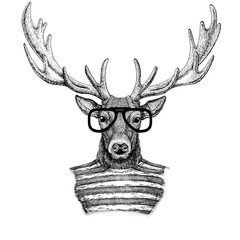Deer Hipster style Hand drawn illustration for tattoo, emblem, badge, logo, patch, t-shirt
