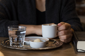 the girl drink coffee in the cafe. cafe concept. coffee concept. 