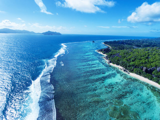 Seychelles seascape as seen from the drone, La Digue Island