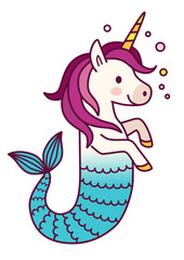 Cute unicorn mermaid simple vector cartoon illustration. Magical creature with unicorn head and body and fish tail. Dreaming, magic, believe in yourself, fairy tale mythical theme design element © Elena