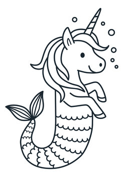 Cute unicorn mermaid vector coloring page cartoon illustration. Magical creature with unicorn head and body and fish tail. Dreaming, magic, believe in yourself, fairy tale mythical theme element