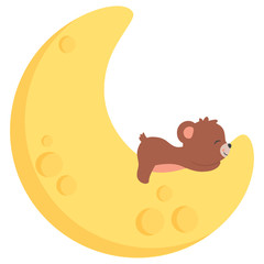 Cute Little Baby Rabbit Sleeping on Moon Kawaii Style Flat Vector Illustration Isolated on White