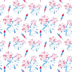 4th of July. Watercolor fireworks festival pattern for holidays, United Stated independence day. Design for print, card, banner