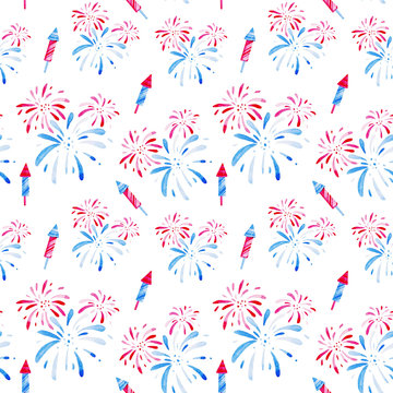4th of July. Watercolor fireworks festival pattern for holidays, United Stated independence day. Design for print, card, banner