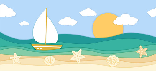 Sea waves, ship and tropical beach in paper art style. Travel concept vector illustration. Summer vacation poster in paper cut design.