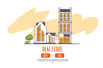 Obraz premium Vector illustration for real estate business: line art styled buildings or houses.