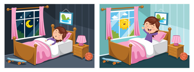 Vector Illustration Of Kid Sleeping And Waking Up