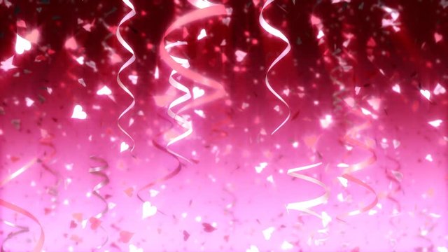 Heart shaped confetti and party streamers background loop. Pink and silver. Suitable for weddings, Valentine's Day, or other romantic celebrations.