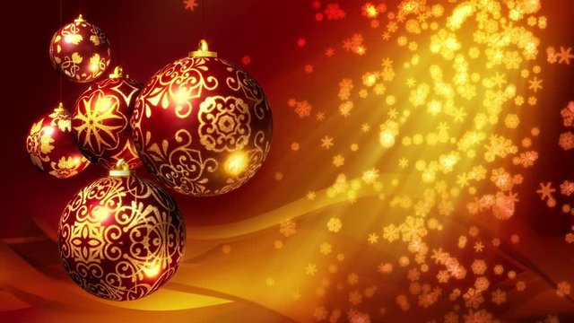 Christmas background loop. Rotating Christmas decorations and falling snowflakes. Red and gold. In 4K and HD.