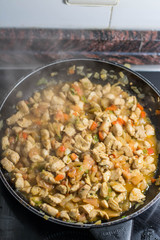 Cooking burrito in a pan with chicken, pepper, tomato for fajitas typical Latin America food