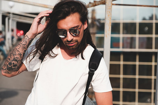 Attractive bearded man portrait with sunglasses