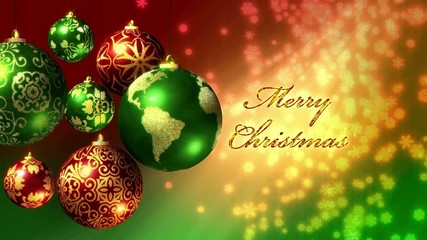 Merry Christmas in 5 languages with the world as an Xmas ball. The text "Merry Christmas" appears in English, Spanish, Italian, French and German. In 4K and HD. - Powered by Adobe