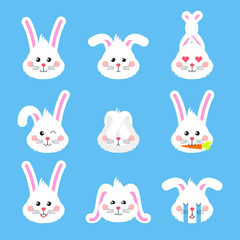 Cute easter rabbit heads emoticons vector. Easter bunny holiday sticker