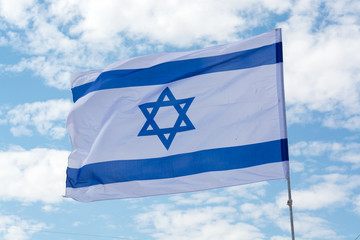 Flag of State of Israel and blue sky, white-blue with Star of David, Magen David, celebration of 70...
