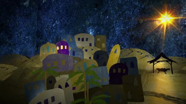 Silent Night. Christmas nativity animation. The last 10 seconds are a loop. Merry Christmas ending. Mixed media collage style, in fabric, photography, paint. In 4K and HD.