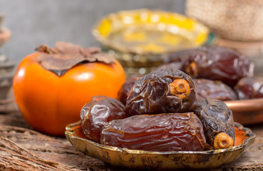 Traditional Middle East dessert, healthy food, big medjool dates fruits.