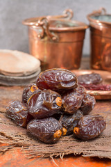 Traditional Middle East dessert, healthy food, big medjool dates fruits.