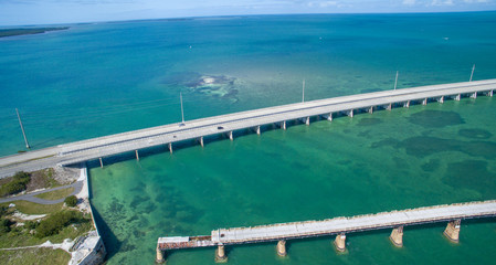 Aerial view of Broken Bridge and Overseas Highway in Bahia Honda state park, Florida