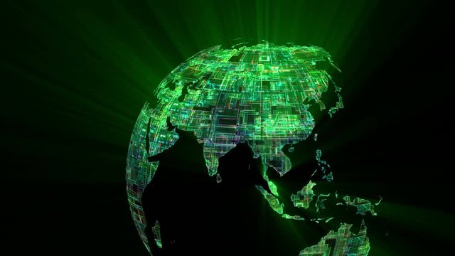 World globe of electronic circuits. Loop from 19:00 to end. This version starts wide and zooms in to the northern hemisphere positioned at right. Joins seamlessly to other clips in my portfolio.