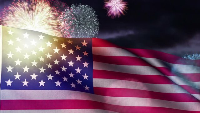 USA flag and fireworks loop, for Fourth of July / American Independence Day and other patriotic themes. This flag is rendered with realistic fine detail of fabric texture and stitching.