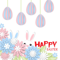Happy Easter. Festive background with 3d paper flowers, decorative egg and easter bunny. Romantic design with paper cut flovers in pastel colors. For postcards, banners, posters.