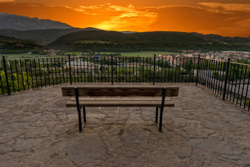 Fototapeta na wymiar Bank looking at sunrise in Ainsa, Huesca