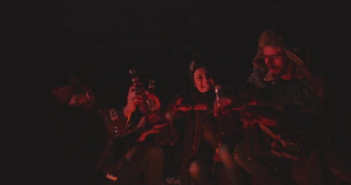Young friends making a toast with beer around campfire