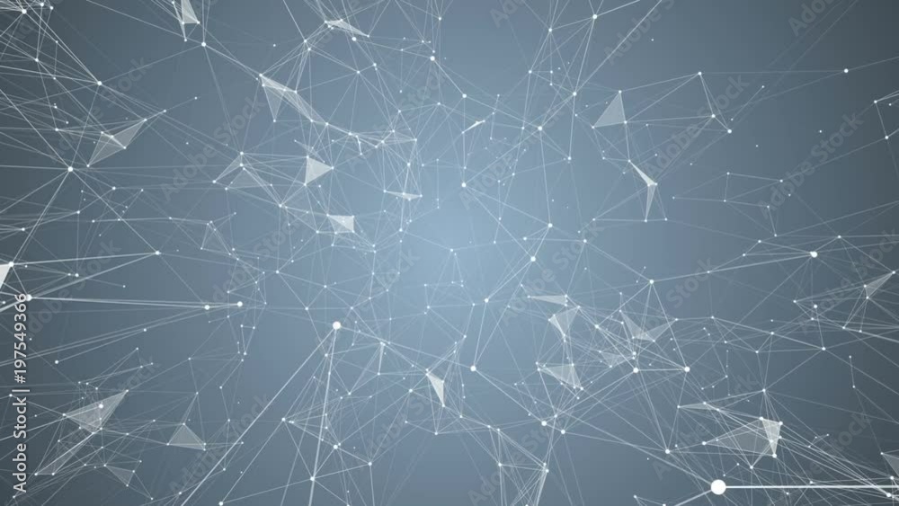 Poster Static structure of points, lines and triangles. The camera flies inside the structure. Blue gradient background. Place for text. Cinematographic space business background. Seamless loop.