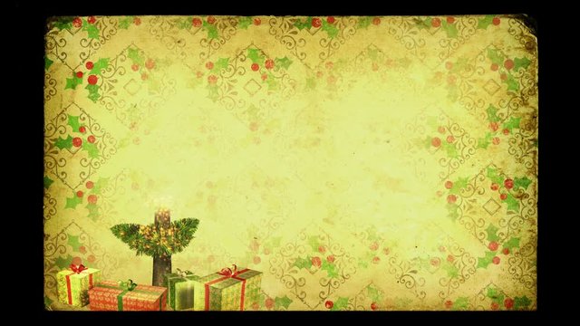 Magical Growing Christmas Tree with loop section between 17:00-26:00. Old-fashioned grunge style. Tree at left, copy space on right. In 4K and HD.