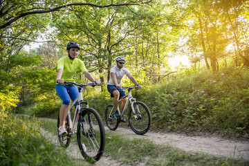 Naklejka premium a woman and a man cycling in summer in the park on bicycles