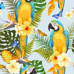 Garden poster Parrot Seamless macaw and flowers