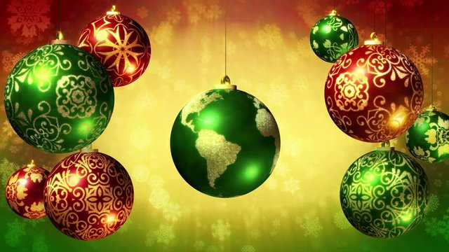 Christmas background with the Earth as a rotating Xmas ball. Red, green and gold baubles on a background of snowflakes falling. In 4K and HD.